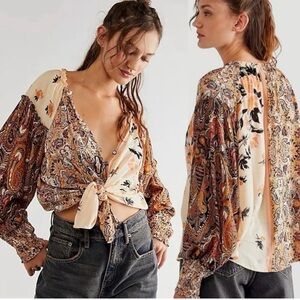 Free People Gemini Multicolor Paisley Tie-Front Blouse